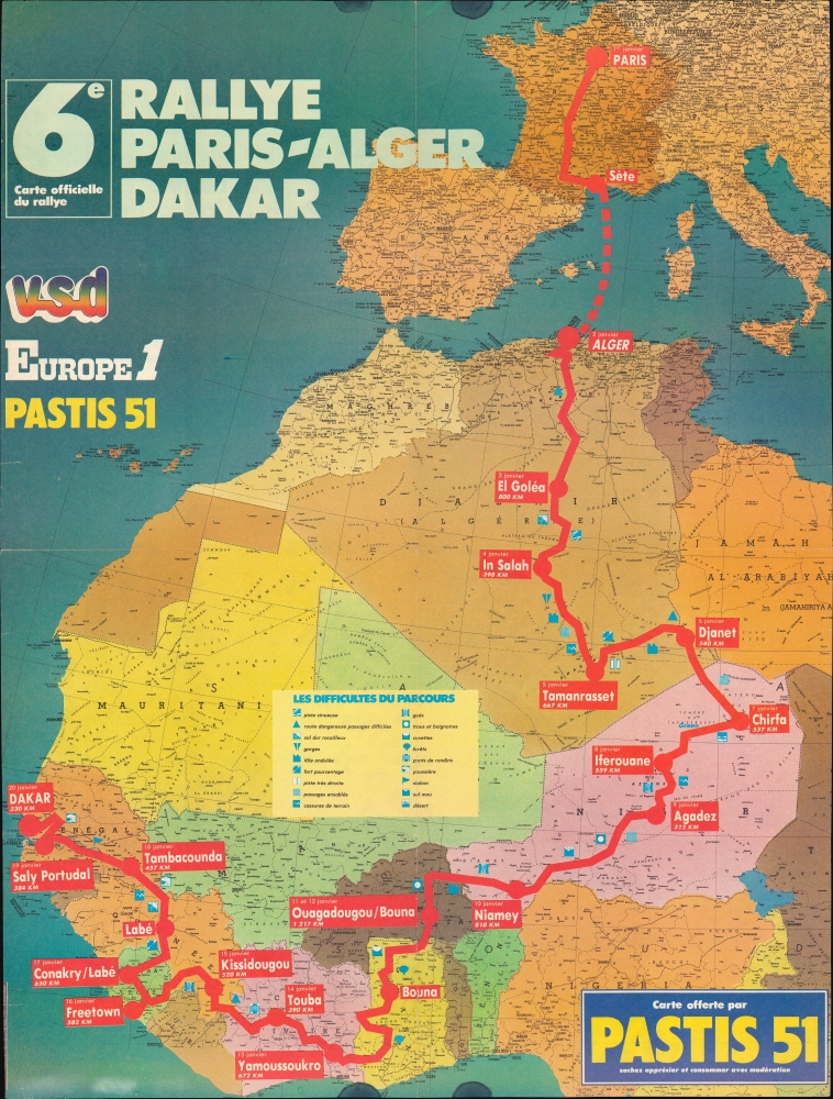 1984 Pastis 51 Map of the Paris-Dakar Rally (Europe, Africa)