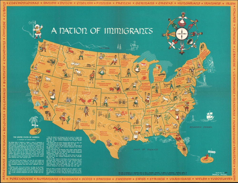 1959 Passal and John F. Kennedy Map of the United States as a Nation of Immigrants