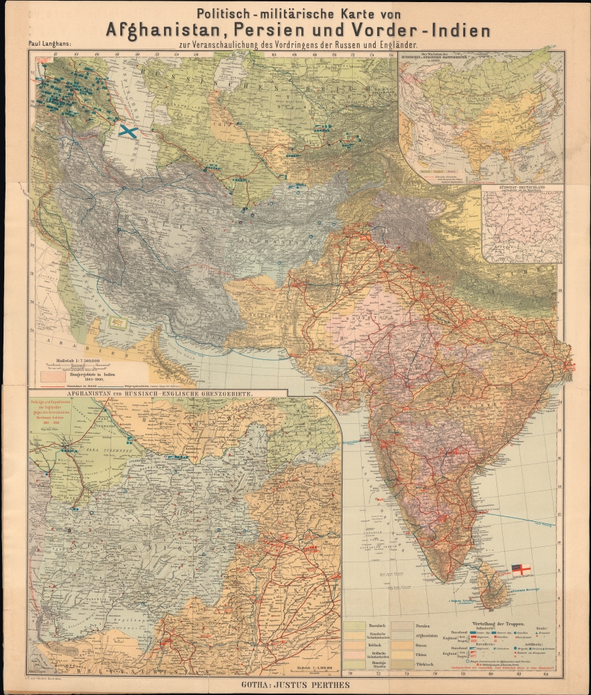 Politisch-militärische Karte von Afghanistan, Persien und Vorder-Indien : zur Veranschaulichung des Vordringens der Russen und Engländer. - Main View