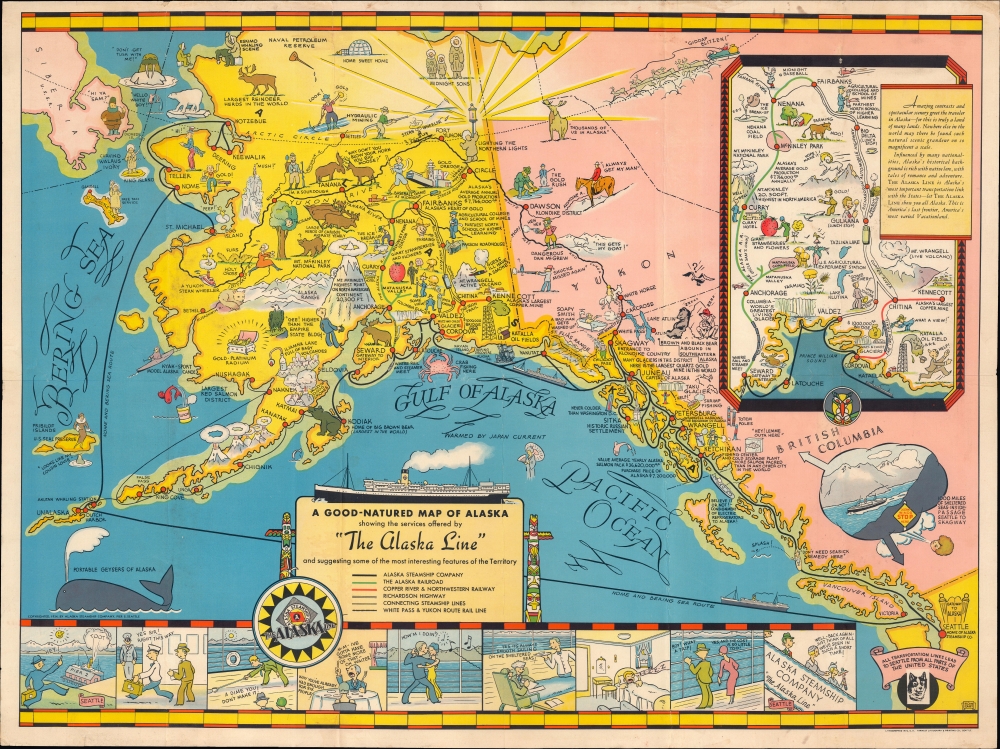 A Good-Natured Map of Alaska, showing the services offered by 'the Alaska Line' and suggesting some of the most interesting features of the Territory. - Main View