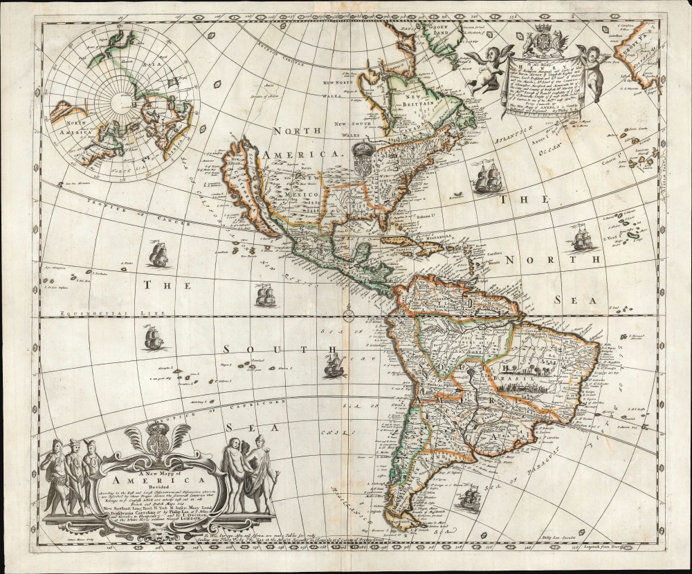 A New Mapp of America Devided According to the Best and latest Observations and Discoveries wherein are discribed by their Proper Names the seaverall Countries that Belonge to ye English which are wholly left out in all French and Dutch maps viz New Scotland, Long Iland, N. York, N. Jarsey, Mary Land, Pensilvania Carrolina etc. by Philip Lea at ye Atlas and Hercules in Cheapside and by J. Overton at the White Horse without Newgat London. - Main View