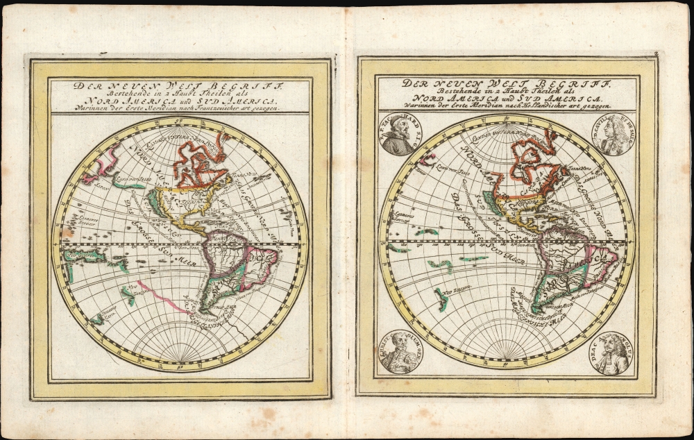 Der Neuen Welt Begriff. Bestehende in 2 Haubt Theilen als Nord America und Sud America, Warinnen der Erste Meridian nach Frantzosischer art gezogen./ Der Neuen Welt Begriff. Bestehende in 2 Haubt Theilen als Nord America und Sud America, Warinnen der Erste Meridian nach Hollandischer art gezogen. - Main View