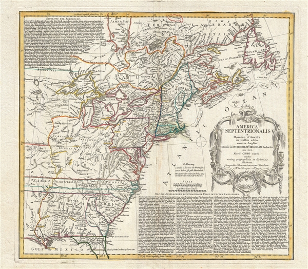 America Septentrionalis a domino d'Anville in Galiis edita nunc in Anglia coloniis in interiorem Virginiam deductis nec non fluvii Ohio cursu aucta notisq geographicis et historicis illustrata. - Main View