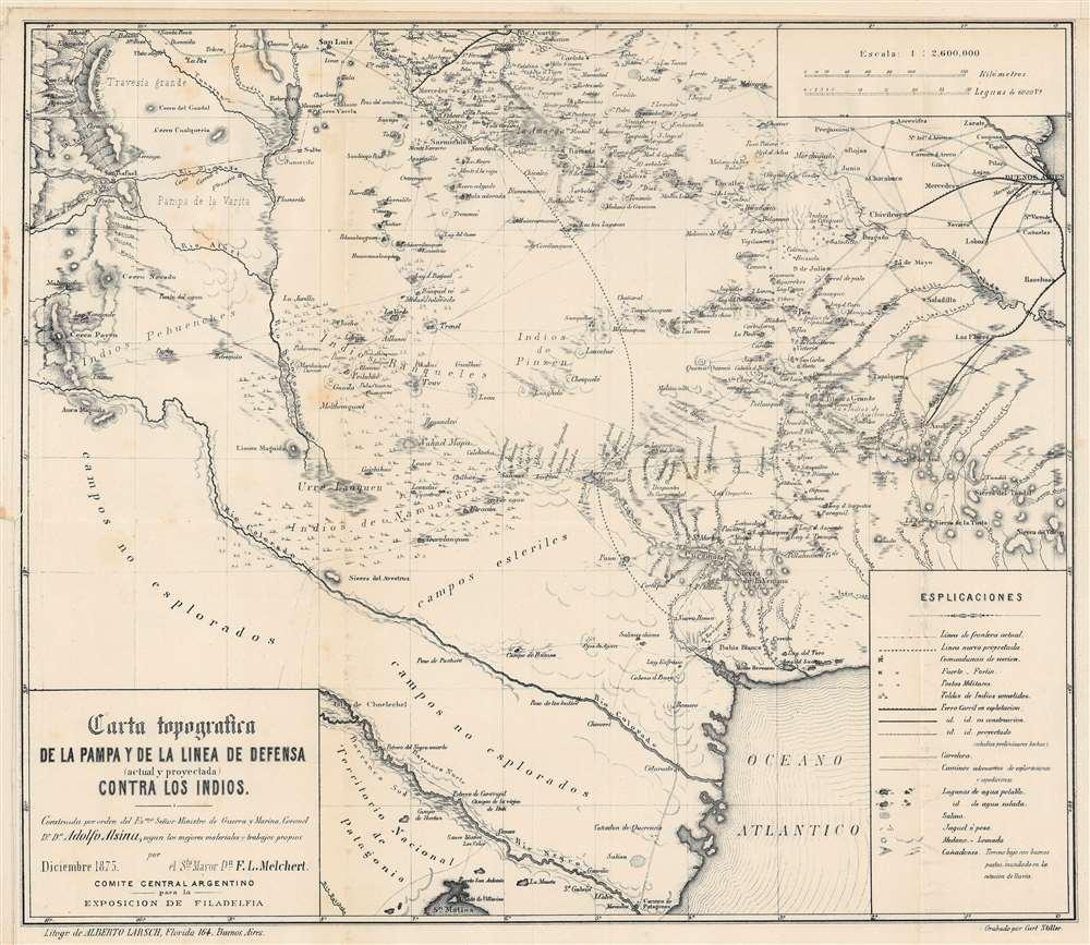 Carta topografica de la pampa y de la linea de defensa (actual y  proyectada) contra los Indios.: Geographicus Rare Antique Maps