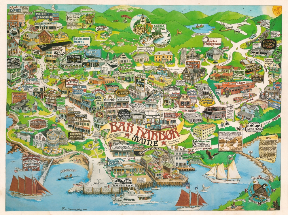 1990 Sharon Riley Pictorial Map of Bar Harbor, Mount Desert Island, Maine