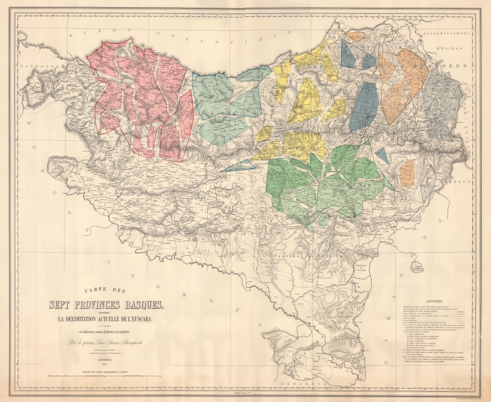 Carte des Sept Provinces Basques, montrant La Délimitation Actuelle de L'Euscara et sa division en dialectes, sous-dialects et variétés. - Main View