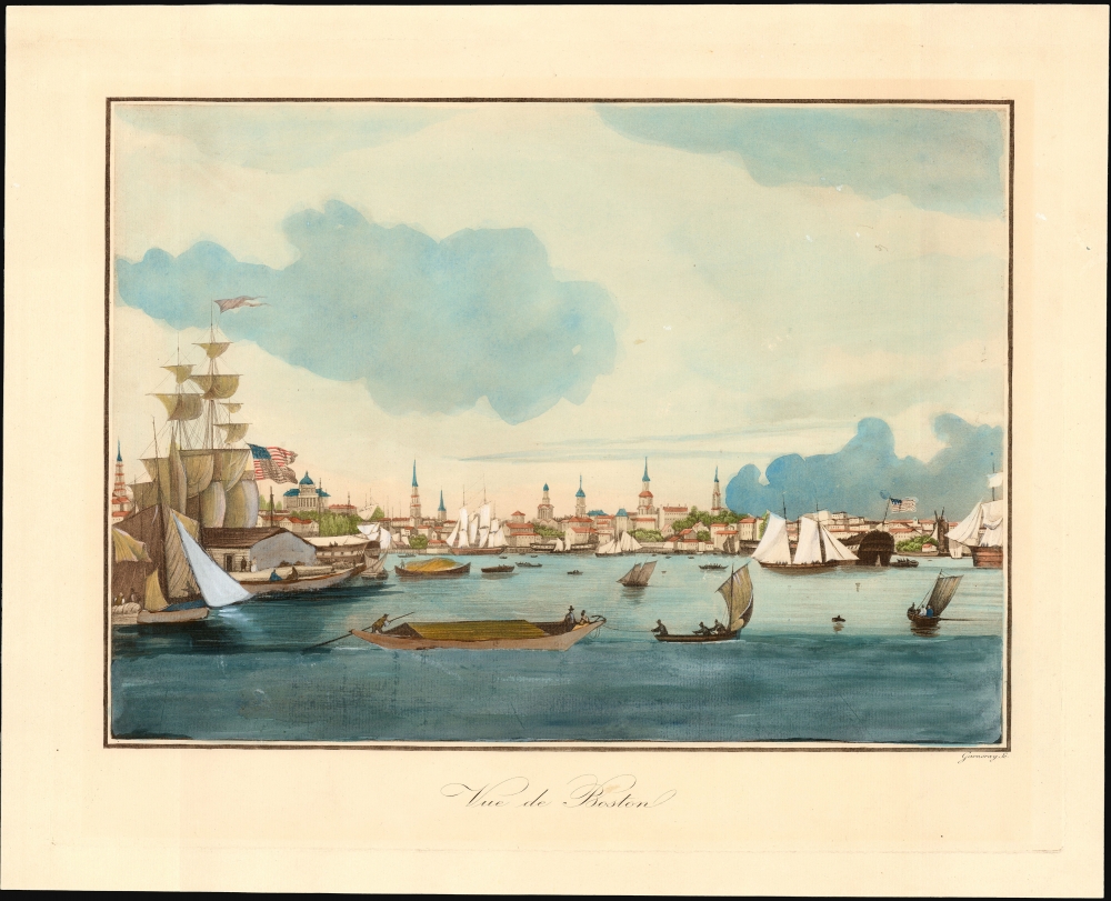 1835-40 Garneray Aquatint View of Boston Harbor