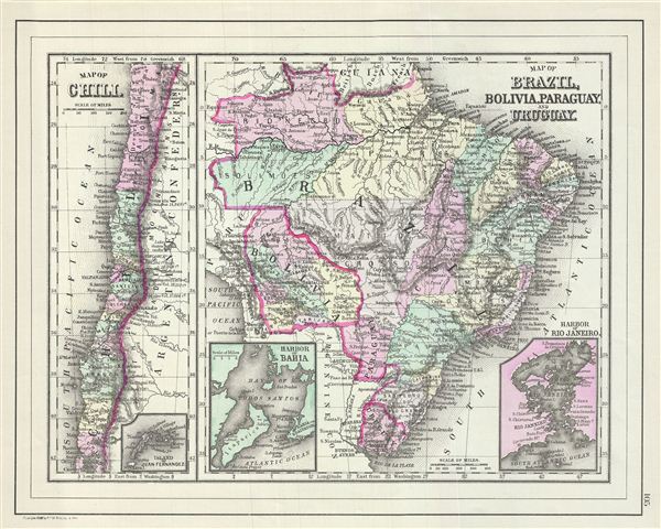 Map of Chili.  Map of Brazil, Bolivia, Paraguay and Uruguay. - Main View