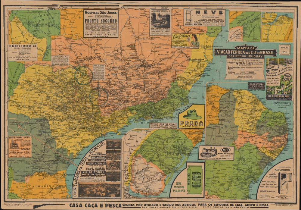 1946 Guia Levi Railway Map of Brazil and Uruguay, Plan of Sao Paulo