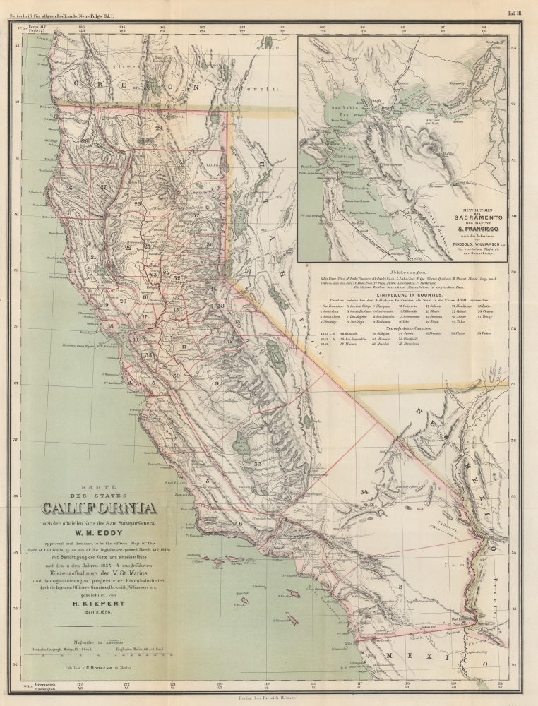 Karte des states California nach er officiellen Karte des State Surveyor General W. M. Eddy (approved and declared to be the official Map of the State of California by act of the Legislature, passed March 25th 1853) mit Berichtigung der Küste und einzelner Pässe nach den in den Jahren 1855-4 asusgeführten Künstenaufnahmen der V. St. Marine unde Recognoscirugen projectirter Eisenbahnlinien durch die Ingenieur Oficiere Gunnison, Beckwith, Williamson, u. a. gezeichnet von H. Kiepert Berlin 1856. - Main View