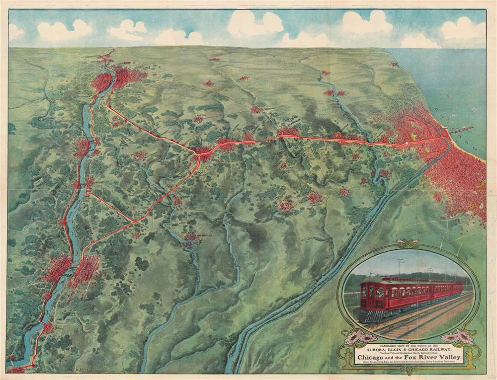 Panoramic View of the Route of the Aurora, Elgin and Chicago Railway, The Great Thrid-rail Double-track Electrice Railroad between Chicago and the Fox River Valley Connecting at Aurora, Elgin, and Batavia with the lines of the Elgin Aurora and Southern Traction Co. - Main View