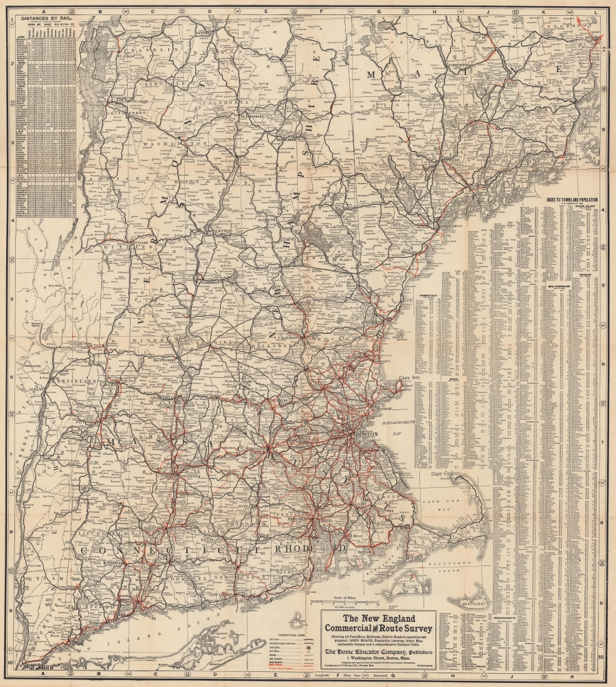 The New England Commercial and Route Survey Showing all Postoffices, Railroads, Electric Roads in operation and proposed, GOOD ROADS, Population (showing latest Massachusetts Census) and a comprehensive Distance Table. - Main View