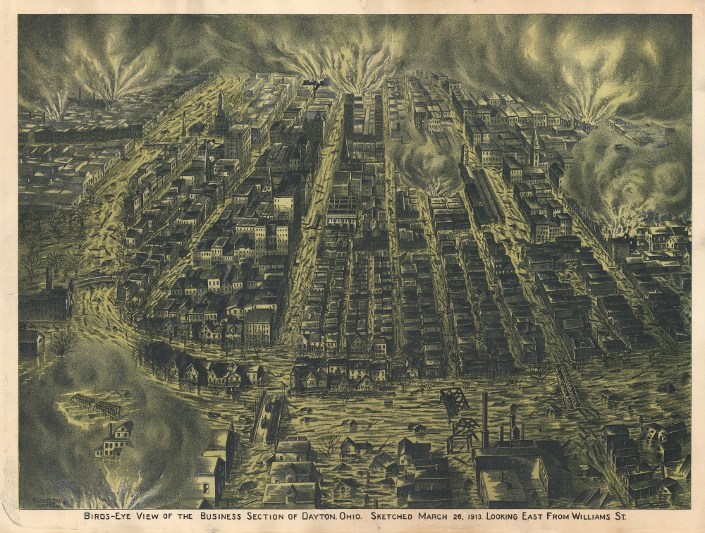 Birds-Eye View of the business Section of Dayton, Ohio. Sketched March 26, 1913. Looking East from Williams St. - Main View