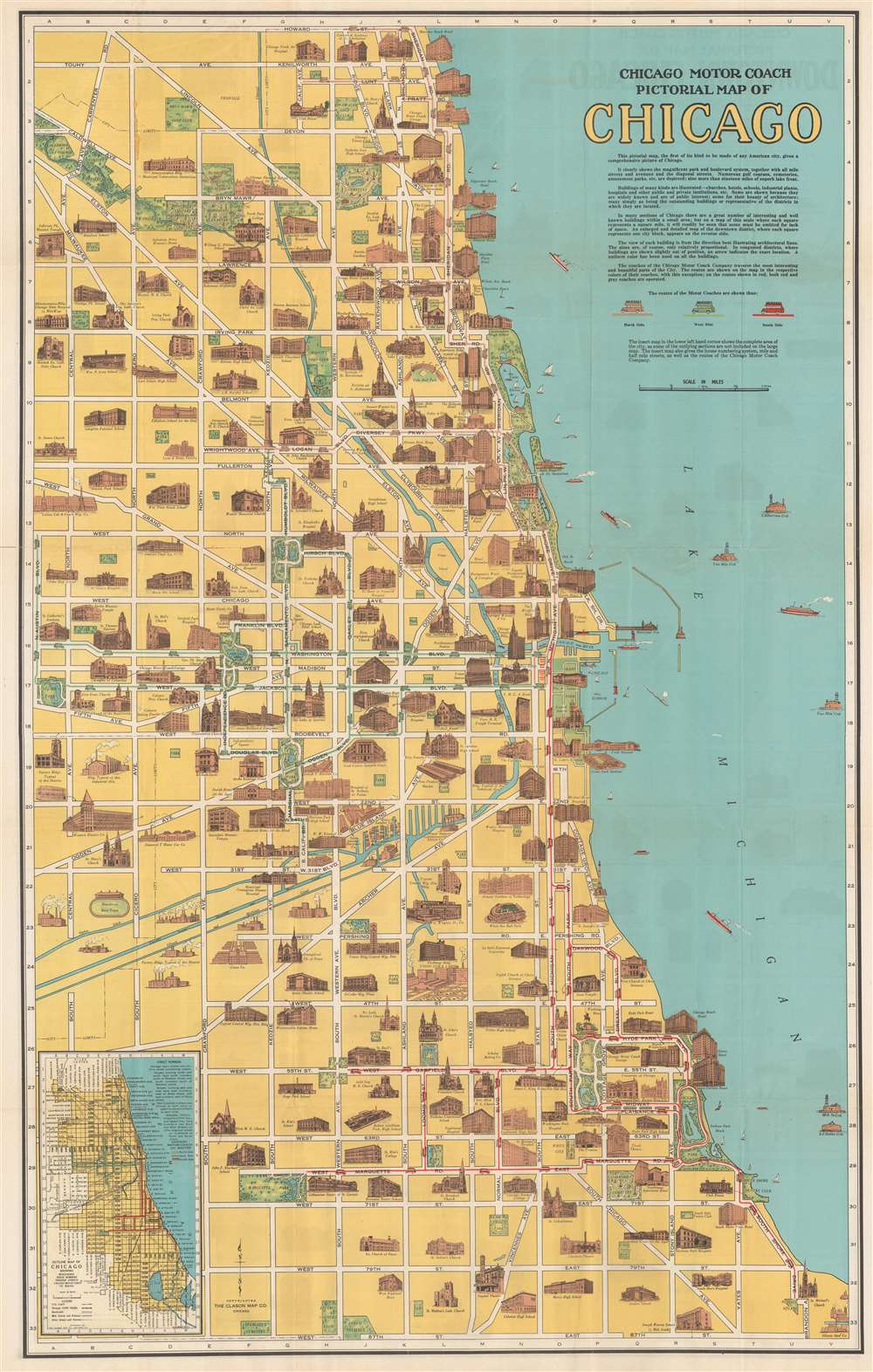 Chicago Motor Coach Pictorial Map of Chicago. - Main View