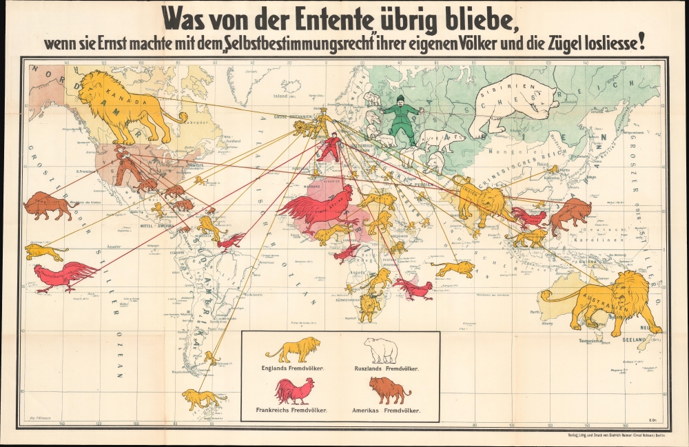 1918 Klimesch WWI Propaganda Map of the World criticizing Entente Colonialism