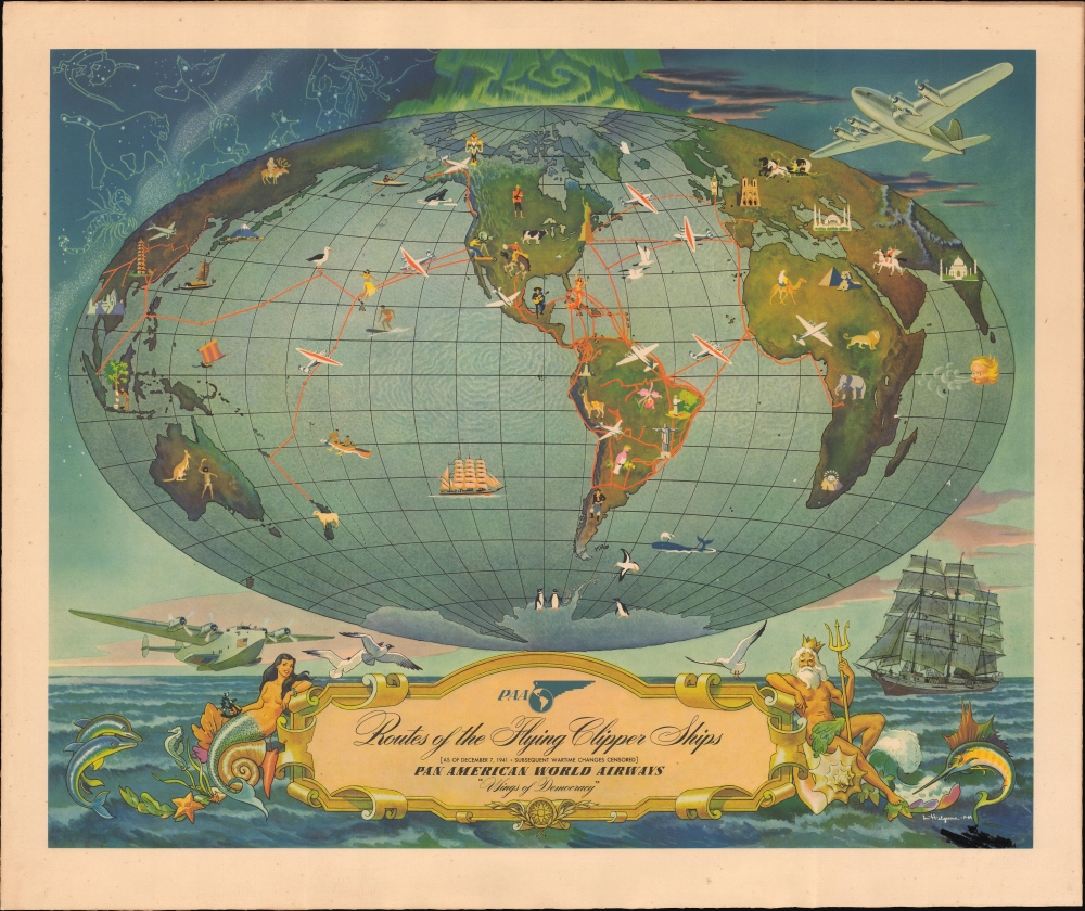 Routes of the Flying Clipper Ships [As of December 7, 1941. Subsequent Wartime Changes Censored]. Pan American World Airways. 'Wings of Democracy'. - Main View