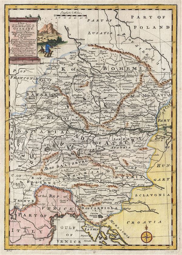 A New & Accurate Map of the South East part of Germany, containing the Electorate of Bavaria, A.Bp. of Saltzburg, K. of Bohemia, with the Queen of Hungary's Hereditary Dominions of Austria, Moravia, Styria, Carinthia, Carniola, Trent, Tirol. etc. - Main View