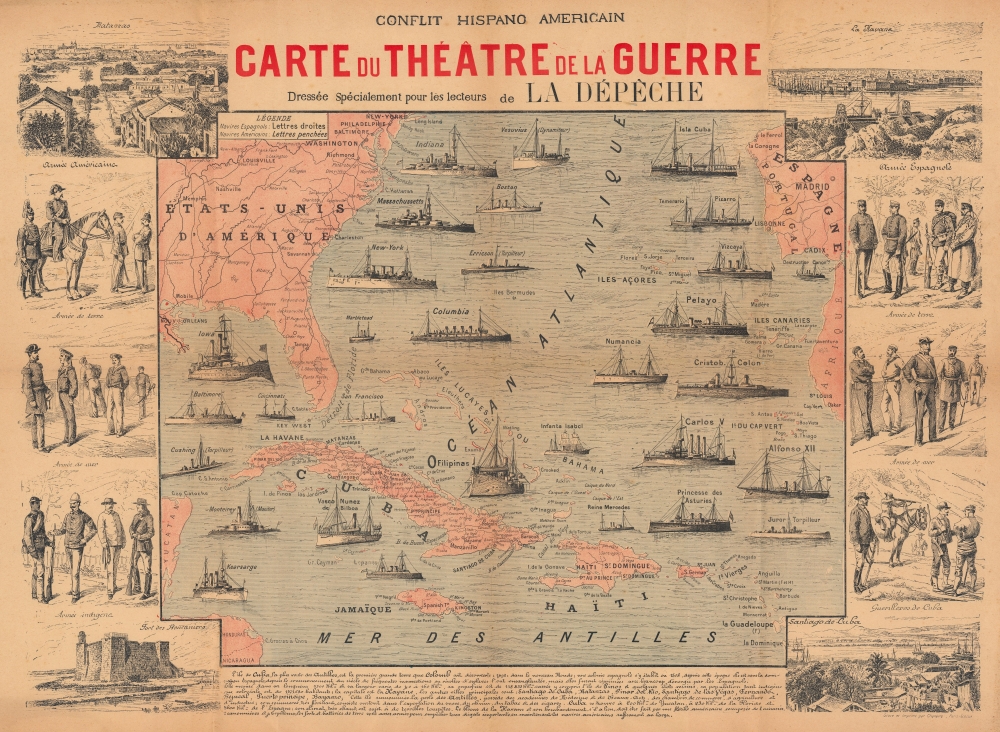 1898 Charaire Pictorial Map of the Atlantic (Spanish-American War)