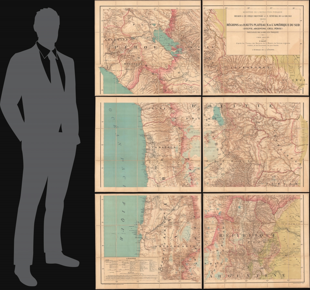 Régions des Hauts-Plateaux de l'Amérique du Sud (Bolivie, Argentine, Chili, Pérou) parcourues par la mission française. Carte dressée par V. Huot, d'après les travaux des membres de la mission, les sources originales inédites et les documents les plus récents. - Alternate View 1