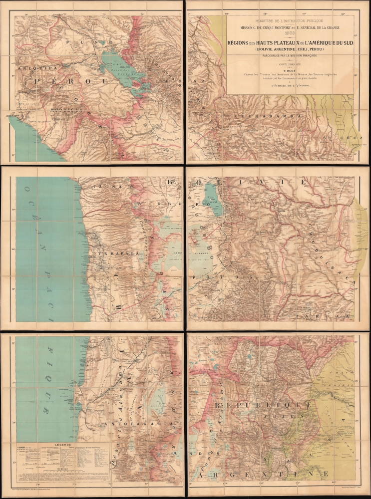 Régions des Hauts-Plateaux de l'Amérique du Sud (Bolivie, Argentine, Chili, Pérou) parcourues par la mission française. Carte dressée par V. Huot, d'après les travaux des membres de la mission, les sources originales inédites et les documents les plus récents. - Main View