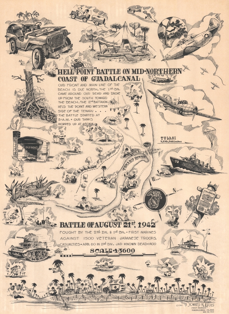 1943 Moss Pictorial Map of the WWII Battle of Hell's Point, Guadalcanal