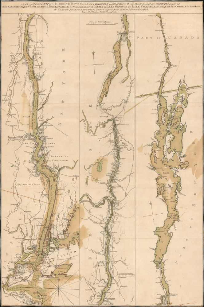 A Topographical Map of Hudsons River, with the channels depth of water, rocks, shoals etc. and the country adjacent, from Sandy-Hook, New York and bay to Fort Edward, also the communication with Canada by Lake George and Lake Champlain, as high as Fort Chambly on Sorel River. - Main View