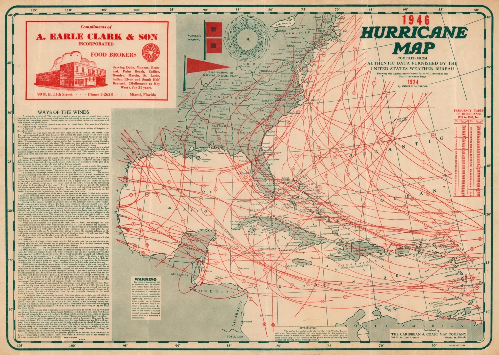 Hurricane Map 1946. Compiled from Authentic Data Furnished by the United States Weather Bureau Showing the Approximate Center Paths of Hurricanes and Near Hurricanes since 1924. - Main View