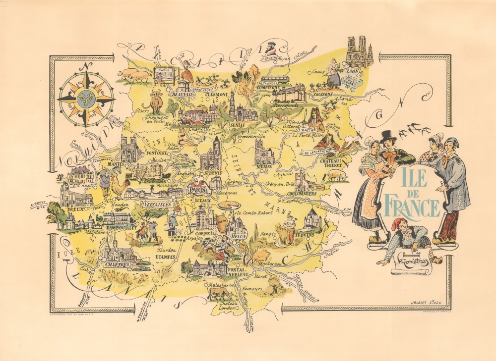 1951 Liozu Pictorial Map of Ile-de-France, with Paris