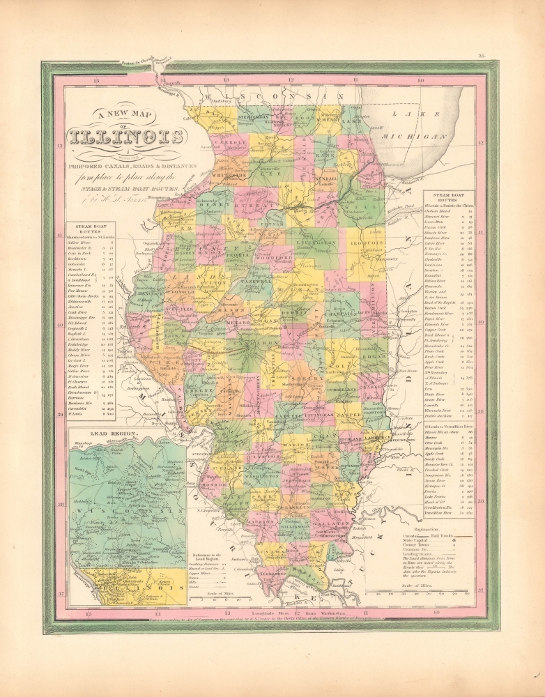 A New Map of Illinois with its Proposed Canals, Roads and Distances from Place to Place along the Stage and Steam Boat Routes. - Main View