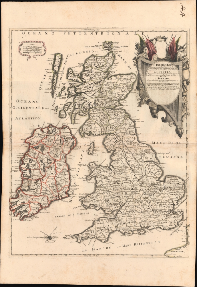 L'Inghilterra Divisa in sette Regni quarttro de Sassoni e'tre dell' Inglesi, et il Principato di Galles, ciascuno diviso ne loro Shire, overo Contadi. La Scotia Regno diviso in due parte principali, di qua'e di la del Tay, overo ne due Regni, dei Pitti, e de Scoti. L'Irlanda Regno diviso in quattro Provincie, e queste ne suoi Contadi.. - Main View