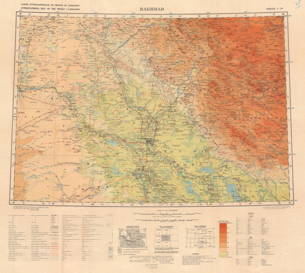 1935 War Office International Map of the World Sheet North I-38 - Baghdad