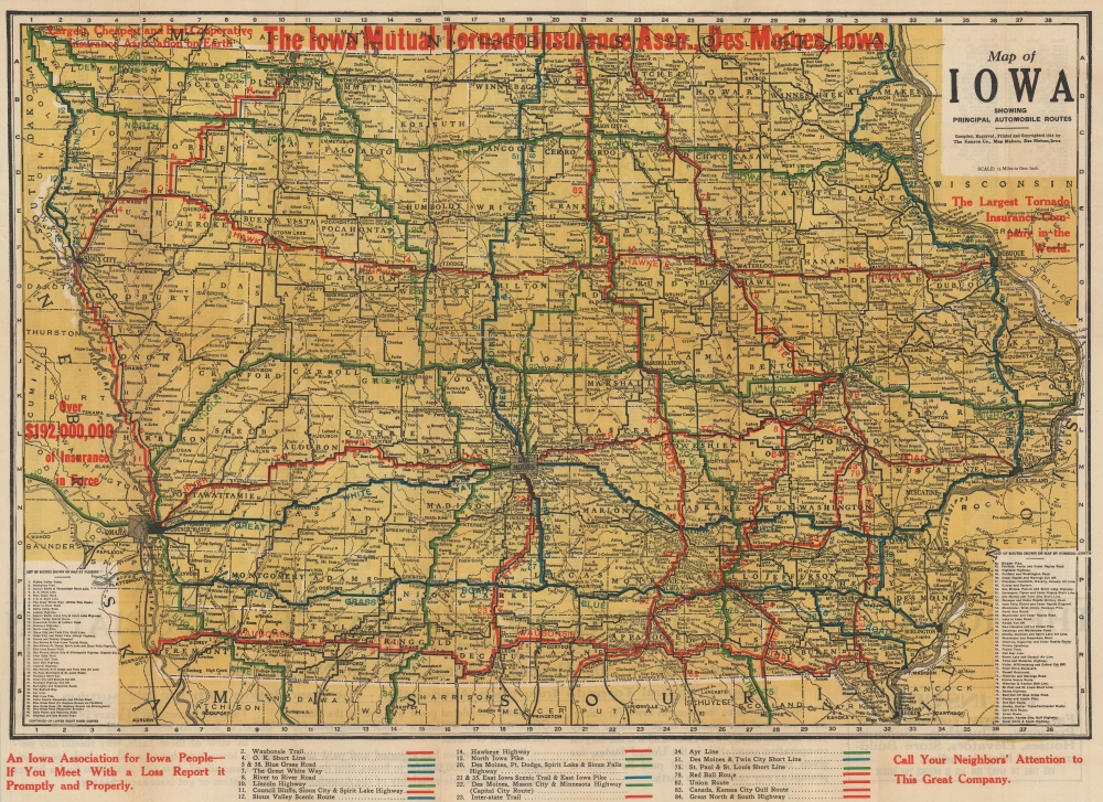 Map of Iowa Showing Principal Automobile Roads. - Main View