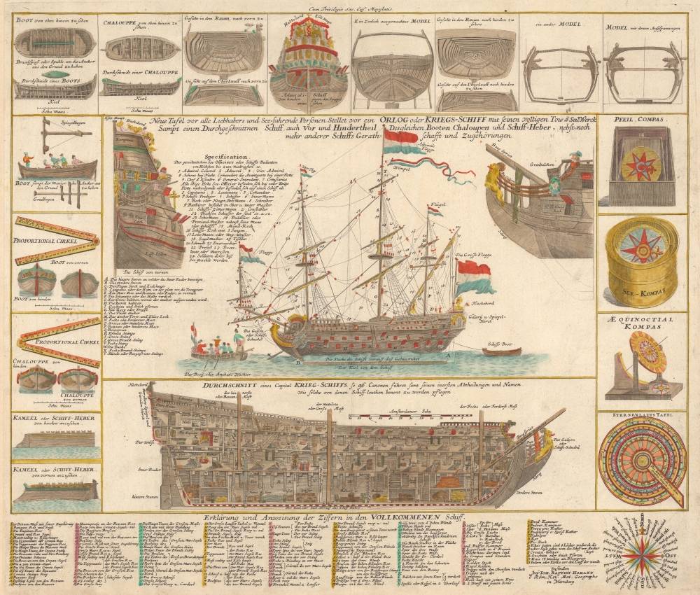 Neue Tafel vor alle Liebhabers und see-fahrende Personen Stellet vor ein Orlog oder Kriegs-Schiff mit seinen volligen Two od Seil Werk Sampt einen Durchgeschnittnen Schiff, auch Vor und Hindertheil Desgleichen Booten, Chaloupen un Schiff-Heber, nebst noch mehr anderer Schiffs Gereth-Schafft und zugehörungen. - Main View