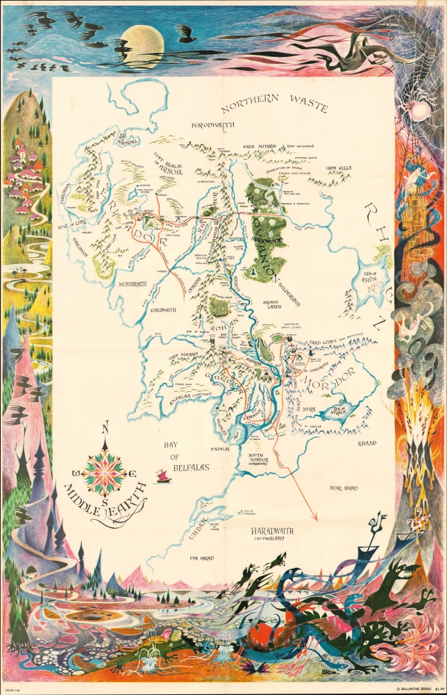 1965 First Edition Barbara Remington Map of Tolkien's Middle Earth (Lord of the Rings)