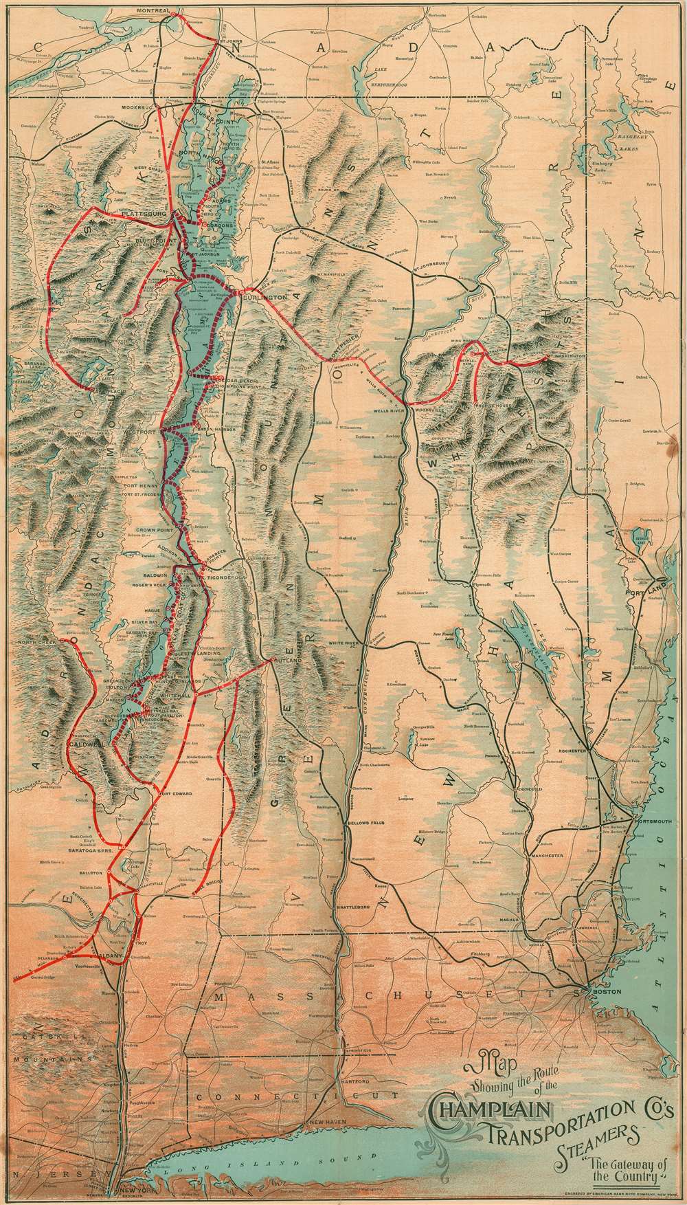 Lake Champlain Ferry Map Showing The Route Of The Champlain Transportation Co's Steamers. The  Gateway Of The Country.: Geographicus Rare Antique Maps