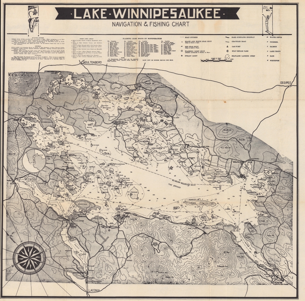Lake Winnipesaukee New Hampshire Pictorial Map. / Lake Winnipesaukee Navigation and Fishing Chart. - Alternate View 1