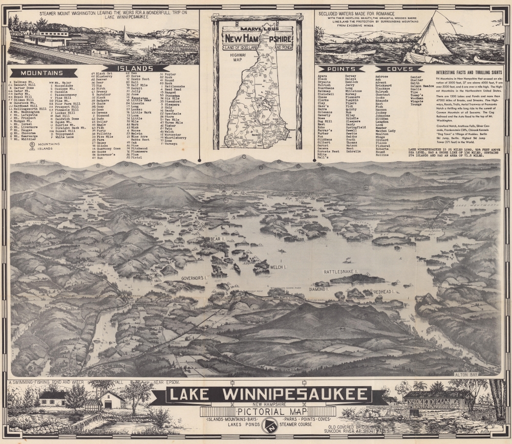 Lake Winnipesaukee New Hampshire Pictorial Map. / Lake Winnipesaukee Navigation and Fishing Chart. - Main View