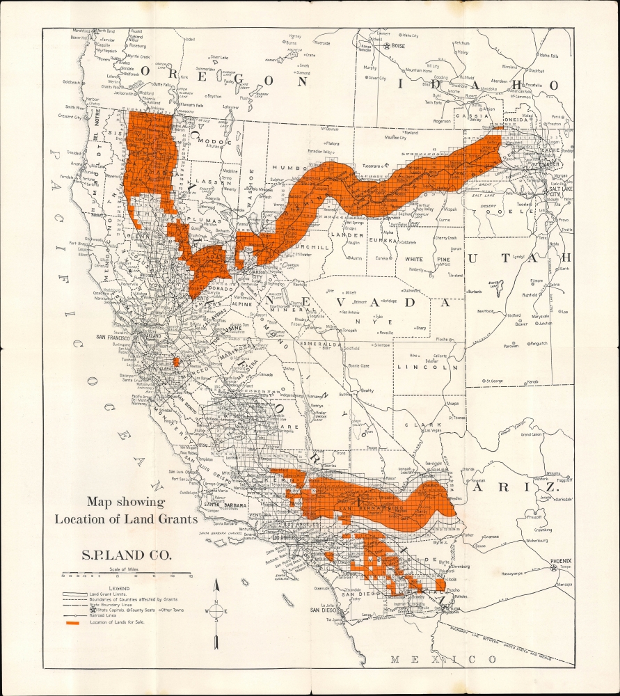 Map showing Location of Land Grants S.P. Land CO. / Southern Pacific Railroad Lands for Sale in California Nevada and Utah. - Main View