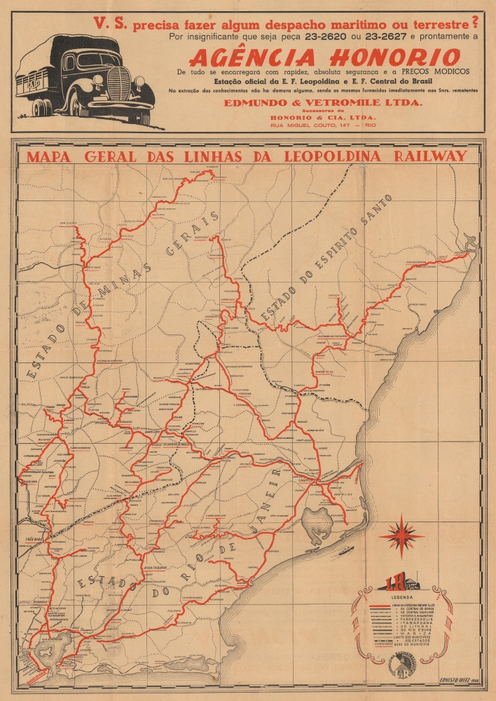 1944 Iritz Railroad Map of Southeastern Brazil (Leopoldina Railway)