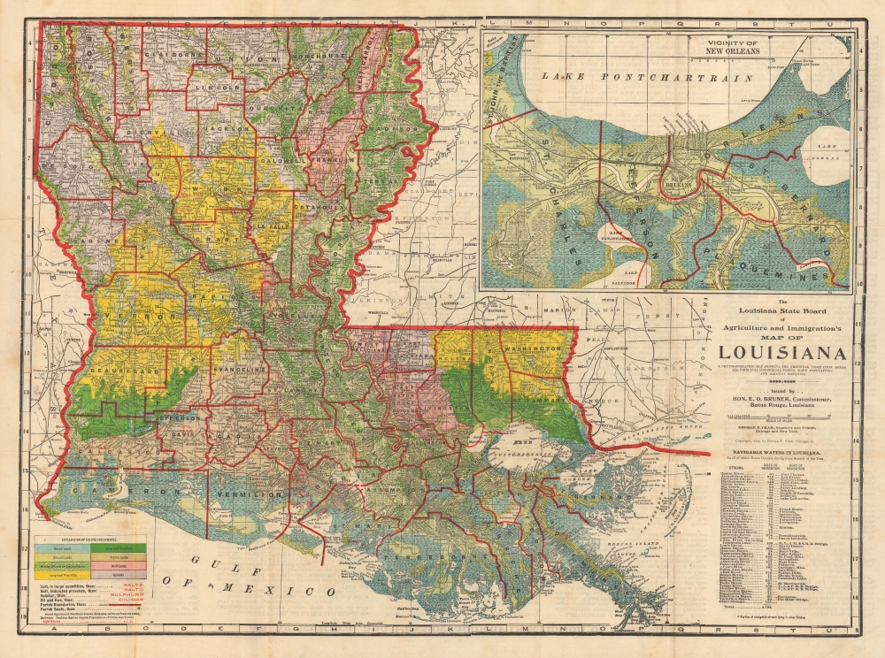 The Louisiana State Board of Agriculture and Immigration's Map of Louisiana. A Phytogeographic Map Showing the Principal Vegetation Areas, all Principal Commercial Points, Town Populations and Railway Distances. - Main View