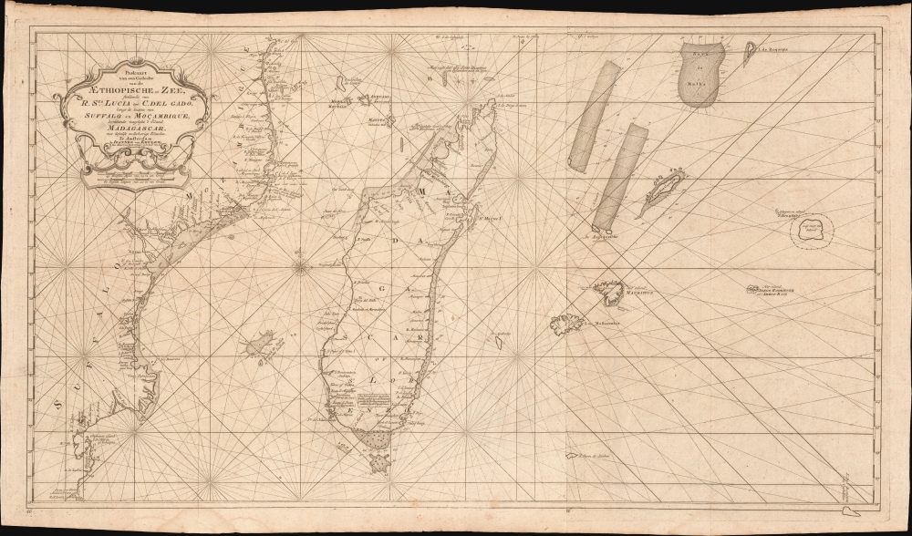 Paskaart van een Gedeelte van de Aethiopische-Zee, Strekkende van R. Sta. Lucia tot C. del Gado, Langs de Kusten van Suffalo en Mocambique, Bevattende Insgelyks 't Eiland Madagascar met Desselfs Onderhorige Eilanden. - Main View