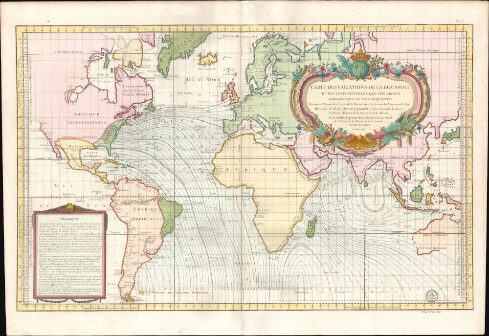 1765 Bellin World Map showing Magnetic Variations