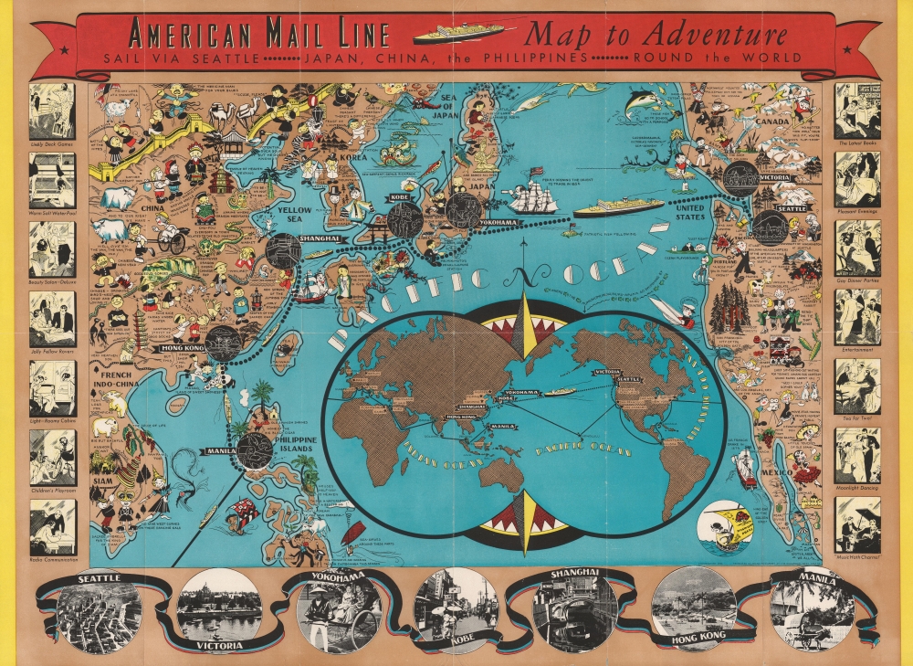 American Mail Line Map to Adventure Sail via Seattle - Japan, China, the Philippines - Round the World. / American Mail Line Map of Adventure Japan, China, the Philippines and Round the World via Seattle. - Main View