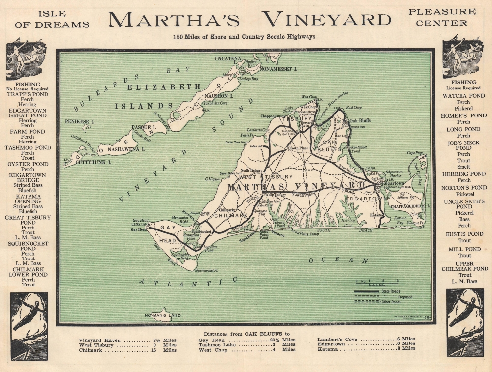 1930 George F. Cram Road Map of Martha's Vineyard, Massachusetts