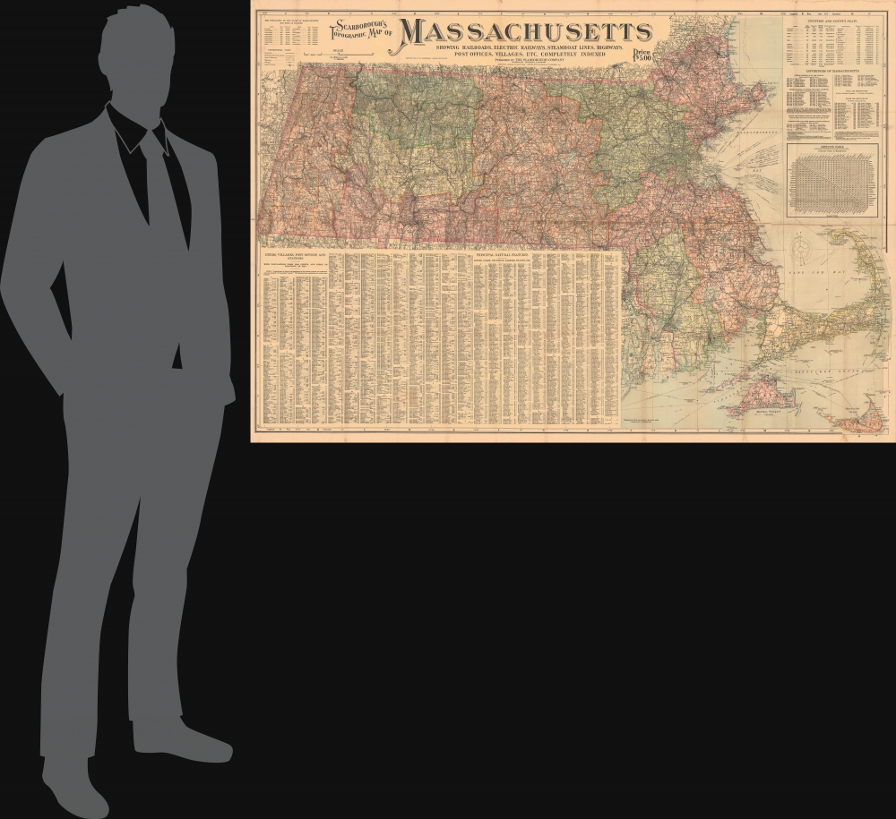 Scarborough's Topographic Map of Massachusetts Showing Railroads, electric Railways, Steamboat Lines, Highways, Post Offices, villages, etc. Completely Indexed. - Alternate View 1