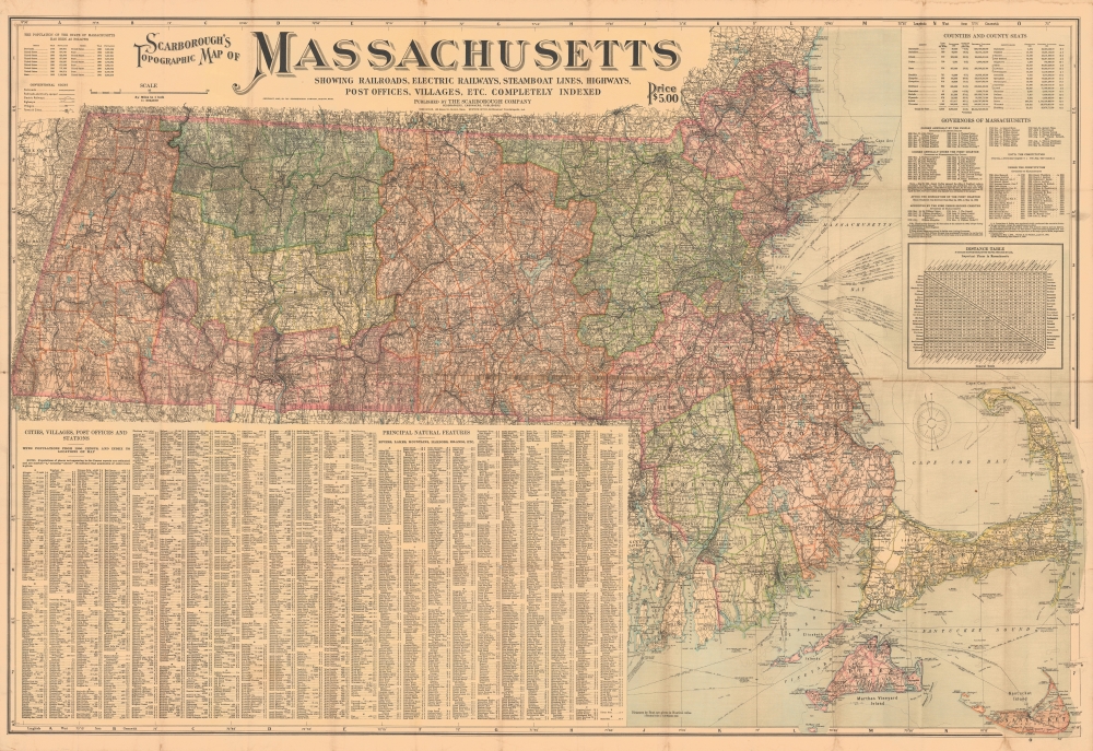 Scarborough's Topographic Map of Massachusetts Showing Railroads, electric Railways, Steamboat Lines, Highways, Post Offices, villages, etc. Completely Indexed. - Main View