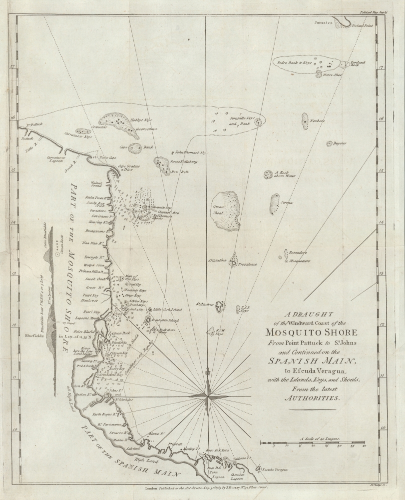 A Draught of the Windward Cost of the Mosquito Shore from Point Pattuck to St. Johns and Continued on the Spanish Main, to Escuda Veragua with the Islands, Keys, and Shoals, From the latest Authorities. - Main View