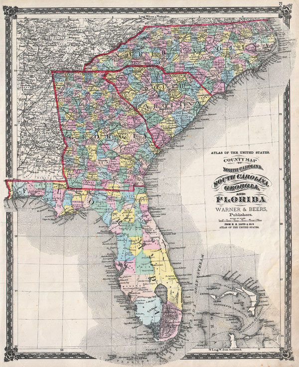 County Map of North Carolina, South Carolina, Georgia and Florida 