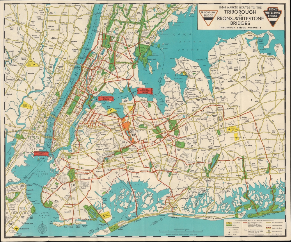 Sign marked Routes to the Triborough and Bronx-Whitestone Bridges / Triborough Bridge Authority Traffic Crossings Linking the Boroughs of Manhattan, Bronx and Queens. - Main View