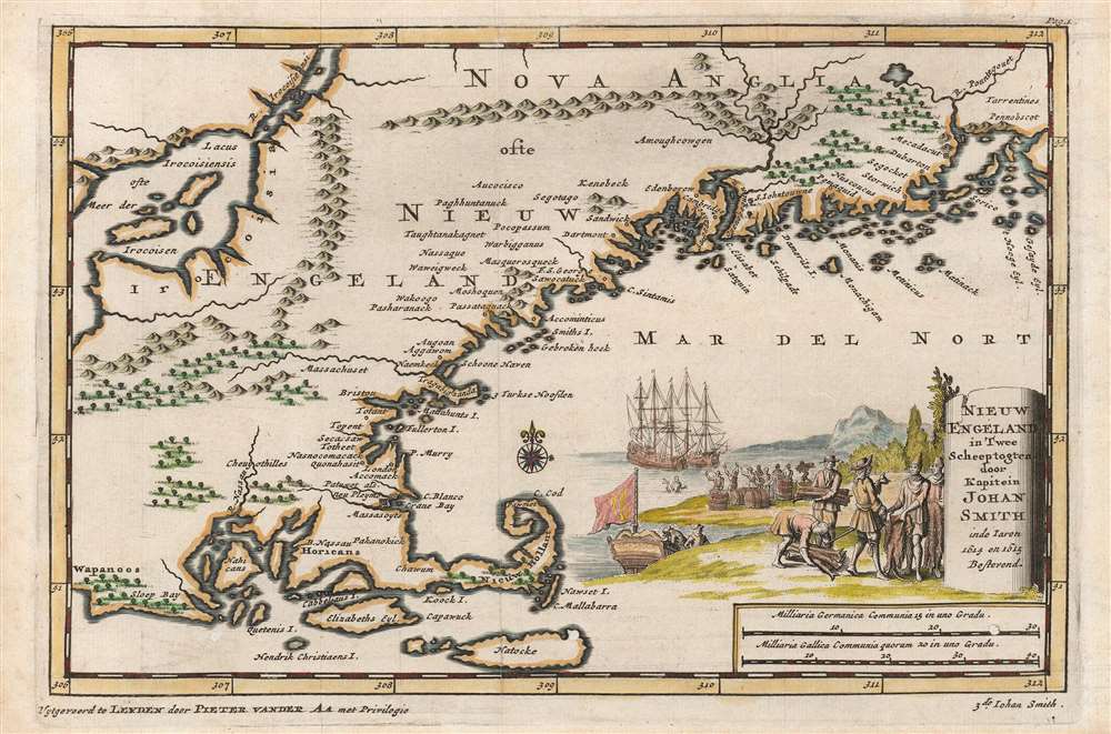 Nieuw Engeland in Twee Scheeptogten door Kapitein Johan Smith inde Iaren 1614 en 1615 Bestevend. - Main View